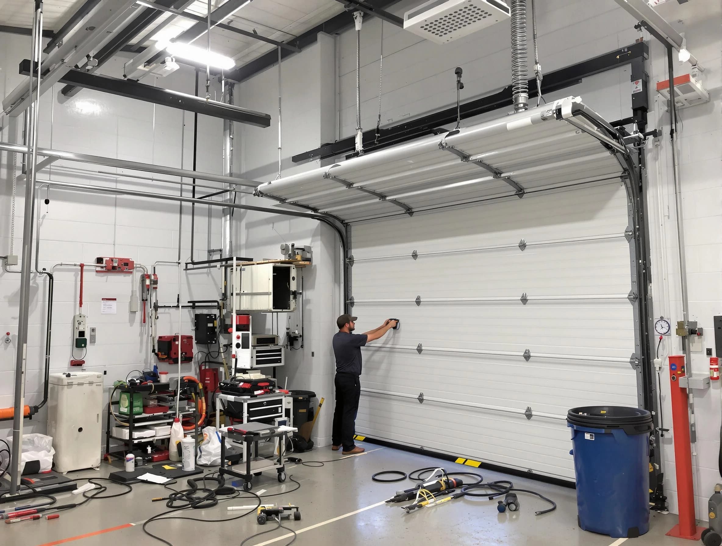 Warren Garage Door Repair certified technician performing commercial door repair at a Warren business facility