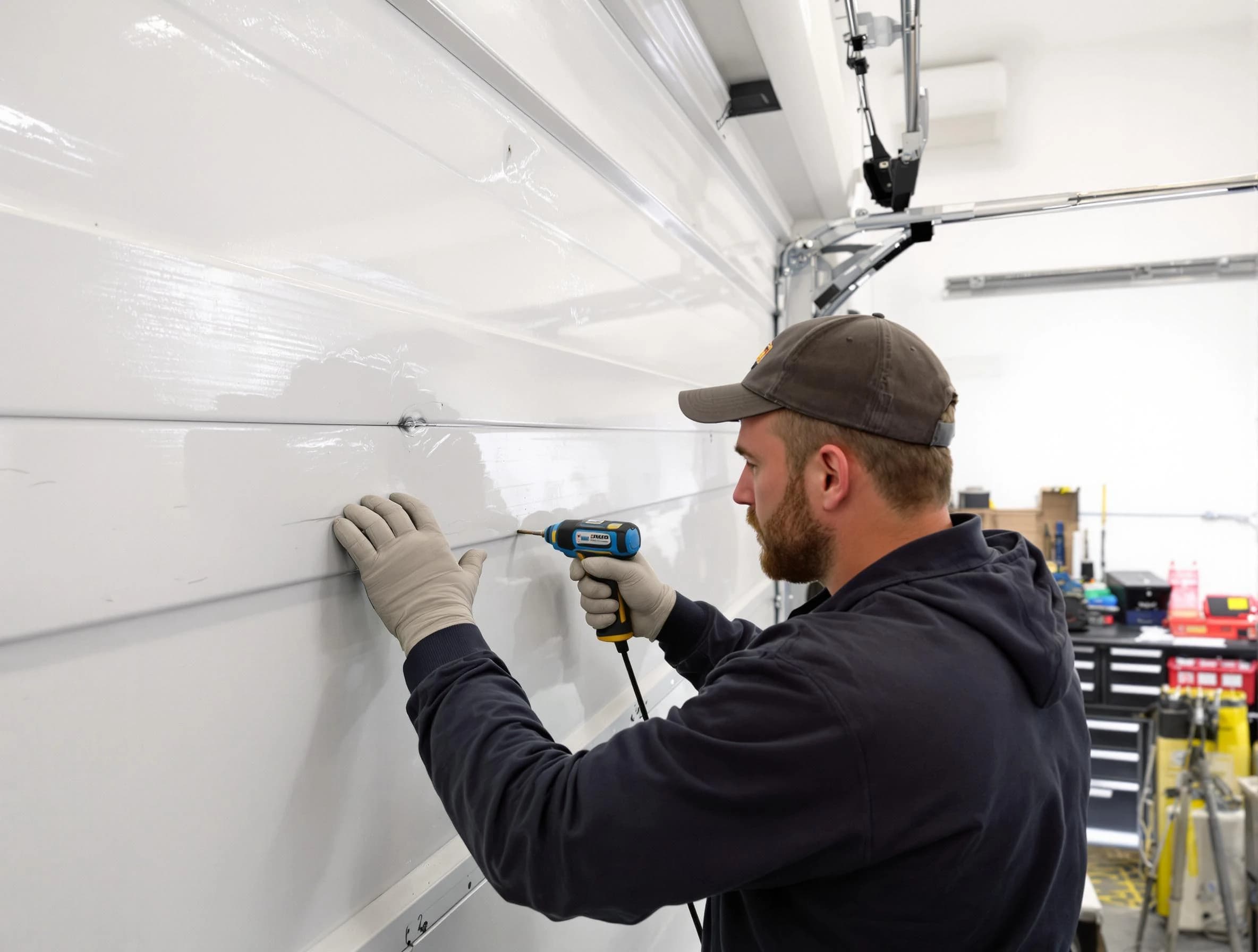 Warren Garage Door Repair technician demonstrating precision dent removal techniques on a Warren garage door